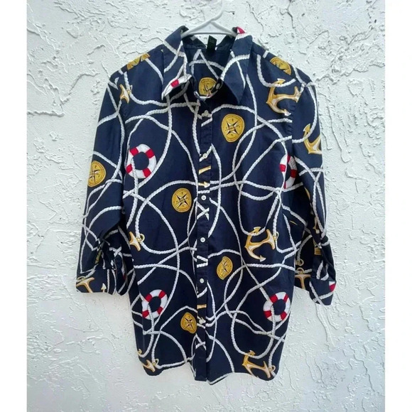 Vintage Lauren Ralph Lauren Womens Nautical Sailor Anchor Button Down Shirt 1X - Picture 7 of 9